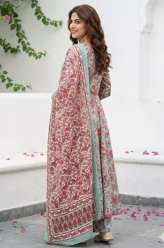teal green and red pure cotton a-line regular kurta set