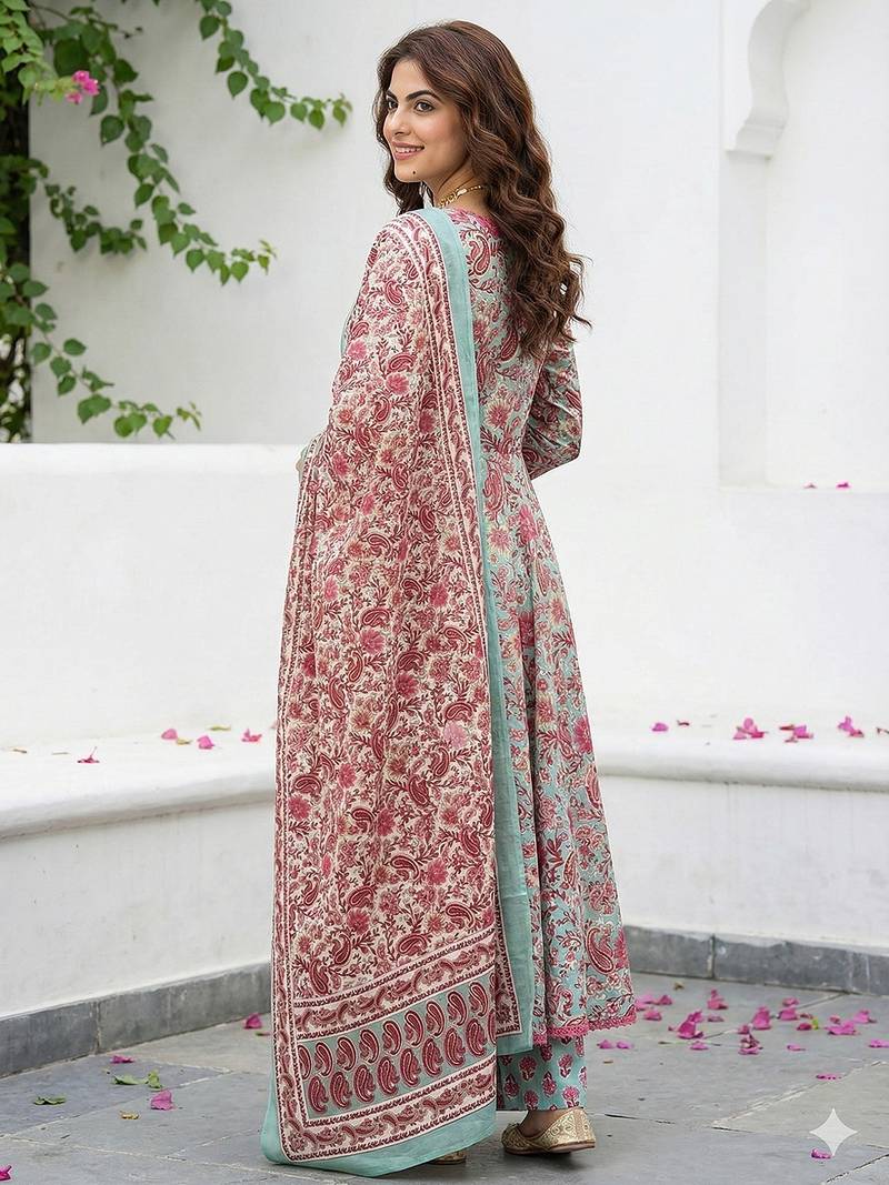 Anouk teal green and red pure cotton a-line regular kurta set