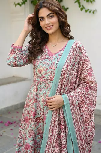 teal green and red pure cotton a-line regular kurta set