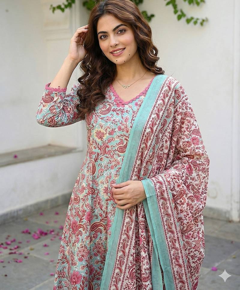 Anouk teal green and red pure cotton a-line regular kurta set