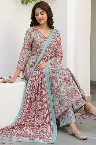 teal green and red pure cotton a-line regular kurta set