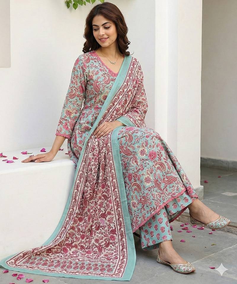 Anouk teal green and red pure cotton a-line regular kurta set