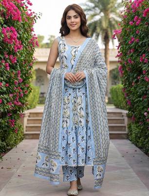 sky blue  and cream pure cotton anarkali gathered or pleated kurta set 1