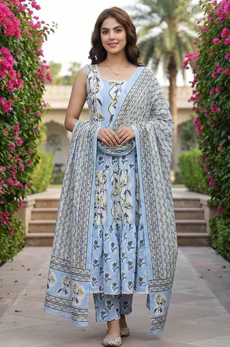 Anouk sky blue  and cream pure cotton anarkali gathered or pleated kurta set