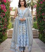 Anouk sky blue  and cream pure cotton anarkali gathered or pleated kurta set