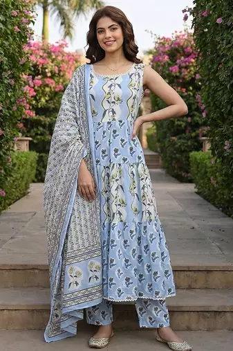 sky blue  and cream pure cotton anarkali gathered or pleated kurta set