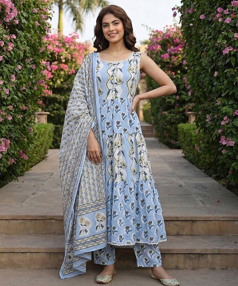 Anouk sky blue  and cream pure cotton anarkali gathered or pleated kurta set