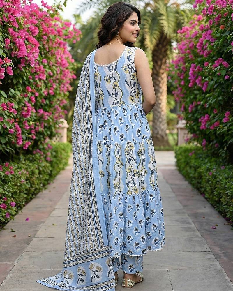 Anouk sky blue  and cream pure cotton anarkali gathered or pleated kurta set
