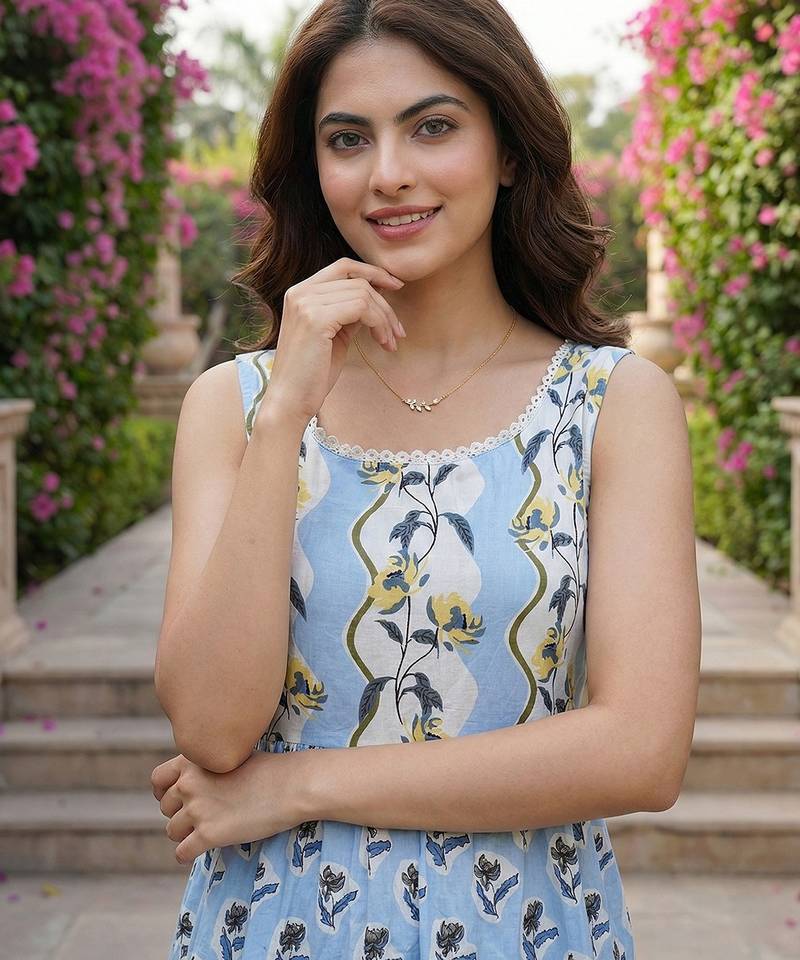 Anouk sky blue  and cream pure cotton anarkali gathered or pleated kurta set