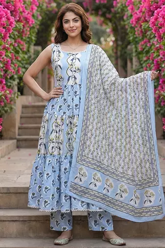 sky blue  and cream pure cotton anarkali gathered or pleated kurta set