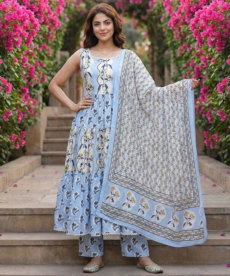 Anouk sky blue  and cream pure cotton anarkali gathered or pleated kurta set