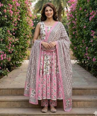 Anouk mauve  and cream pure cotton anarkali gathered or pleated kurta set 1