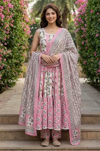 Anouk mauve  and cream pure cotton anarkali gathered or pleated kurta set