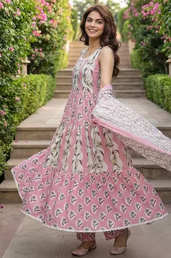 Anouk mauve  and cream pure cotton anarkali gathered or pleated kurta set