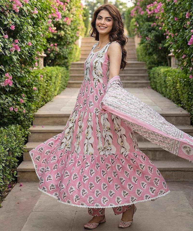 Anouk mauve  and cream pure cotton anarkali gathered or pleated kurta set