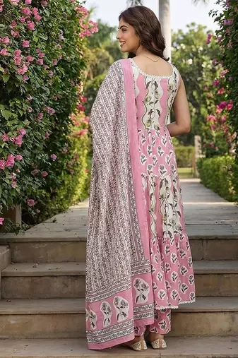 Anouk mauve  and cream pure cotton anarkali gathered or pleated kurta set