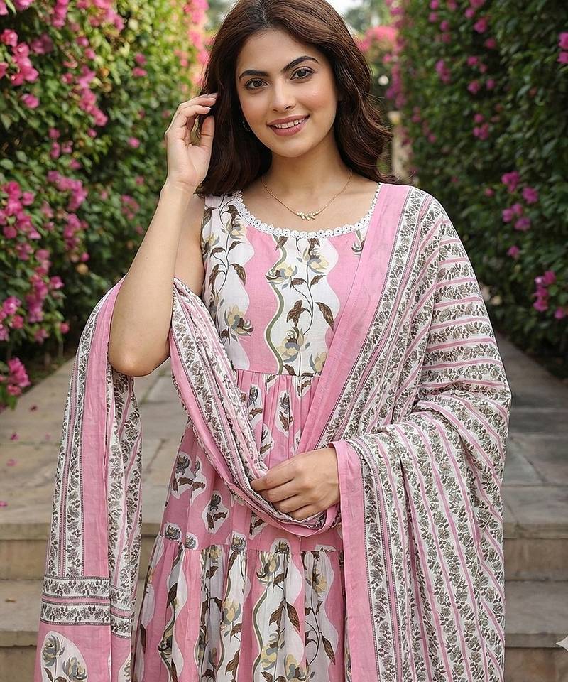 Anouk mauve  and cream pure cotton anarkali gathered or pleated kurta set