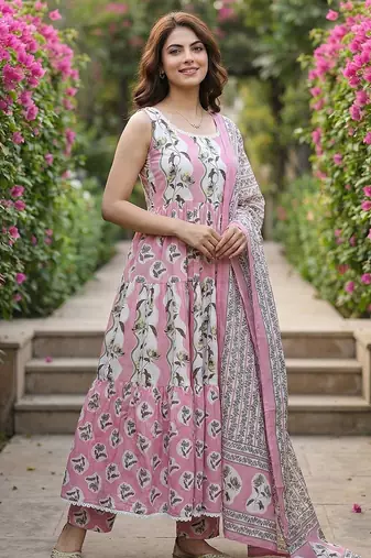 Anouk mauve  and cream pure cotton anarkali gathered or pleated kurta set
