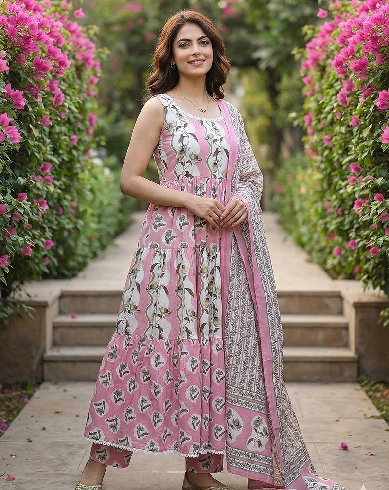 Anouk mauve  and cream pure cotton anarkali gathered or pleated kurta set