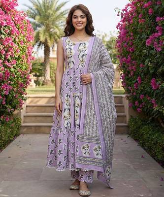 purple  and cream pure cotton anarkali gathered or pleated kurta set 1