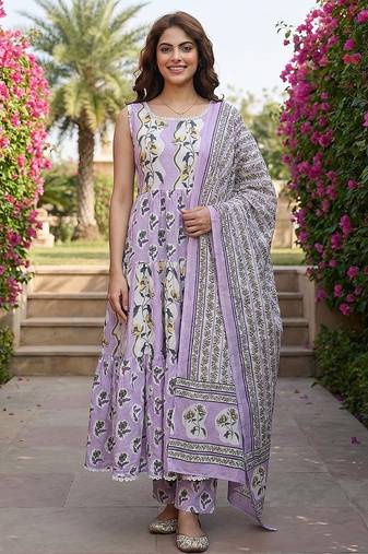 Anouk purple  and cream pure cotton anarkali gathered or pleated kurta set