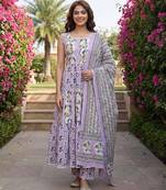 Anouk purple  and cream pure cotton anarkali gathered or pleated kurta set