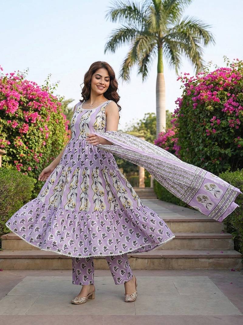 Anouk purple  and cream pure cotton anarkali gathered or pleated kurta set