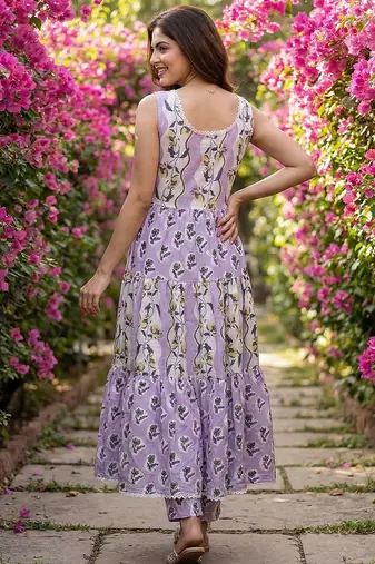 purple  and cream pure cotton anarkali gathered or pleated kurta set