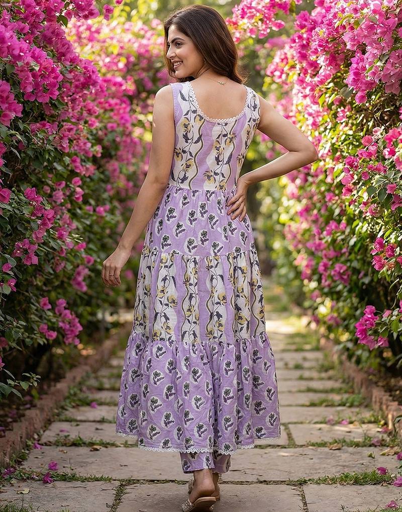 Anouk purple  and cream pure cotton anarkali gathered or pleated kurta set