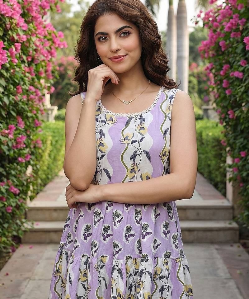 Anouk purple  and cream pure cotton anarkali gathered or pleated kurta set