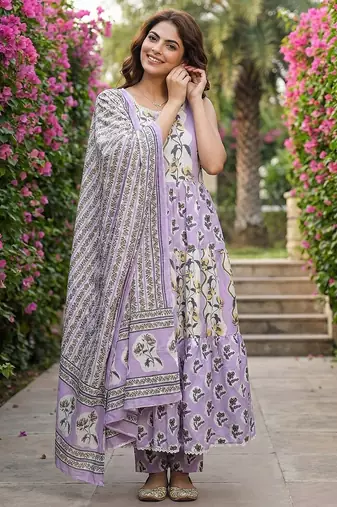 purple  and cream pure cotton anarkali gathered or pleated kurta set