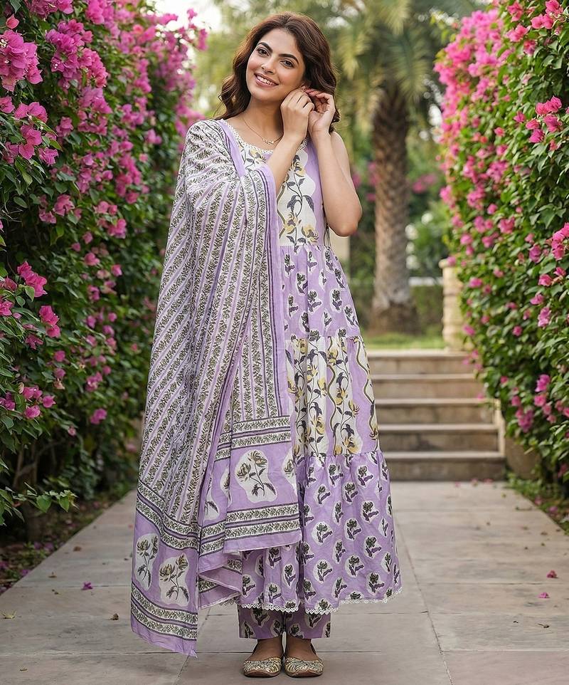 Anouk purple  and cream pure cotton anarkali gathered or pleated kurta set