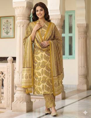 mustard pure cotton straight regular kurta set 1