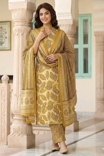 Anouk mustard pure cotton straight regular kurta set