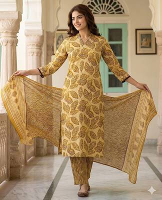 mustard pure cotton straight regular kurta set 3