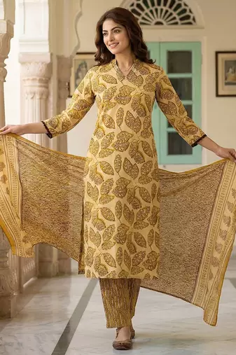 mustard pure cotton straight regular kurta set