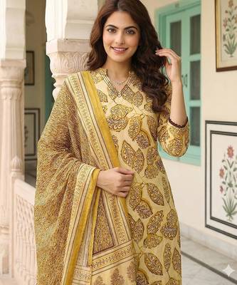 mustard pure cotton straight regular kurta set 4