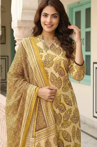 mustard pure cotton straight regular kurta set