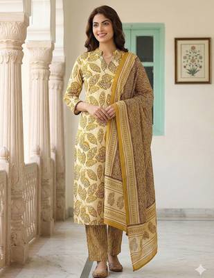 mustard pure cotton straight regular kurta set 5