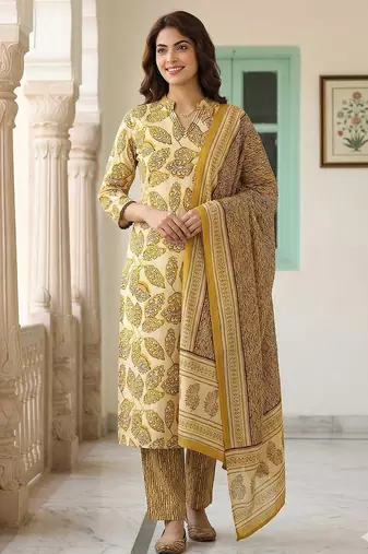 mustard pure cotton straight regular kurta set