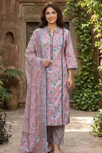 Anouk mauve  and grey pure cotton straight regular kurta set
