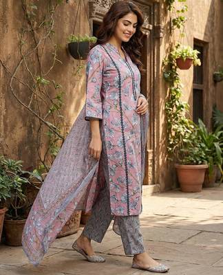 mauve  and grey pure cotton straight regular kurta set 2