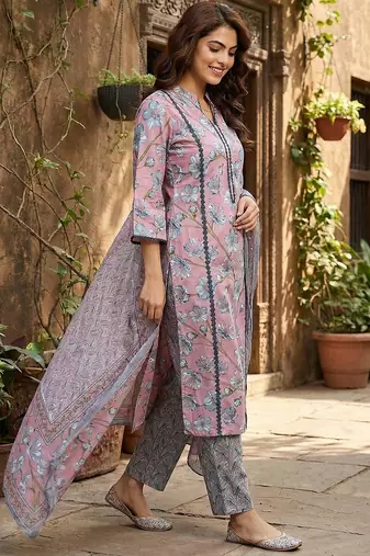 mauve  and grey pure cotton straight regular kurta set