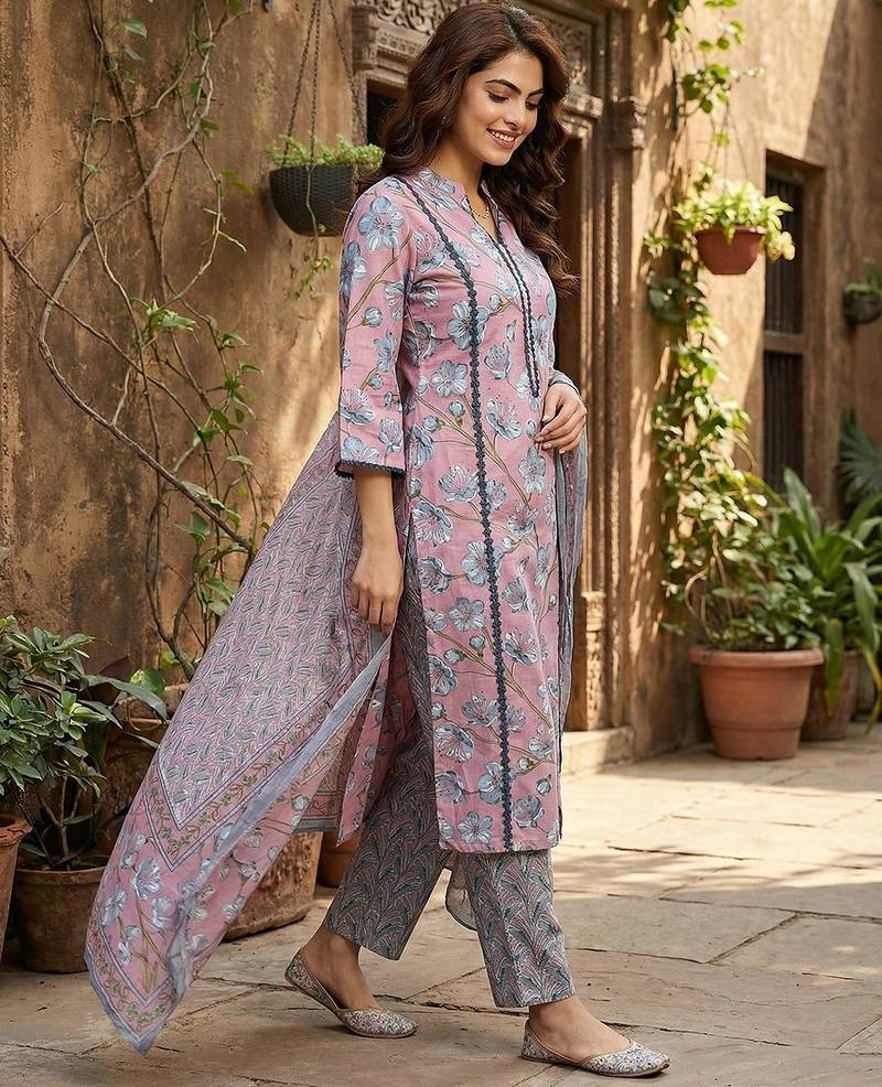 Anouk mauve  and grey pure cotton straight regular kurta set