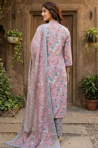 mauve  and grey pure cotton straight regular kurta set