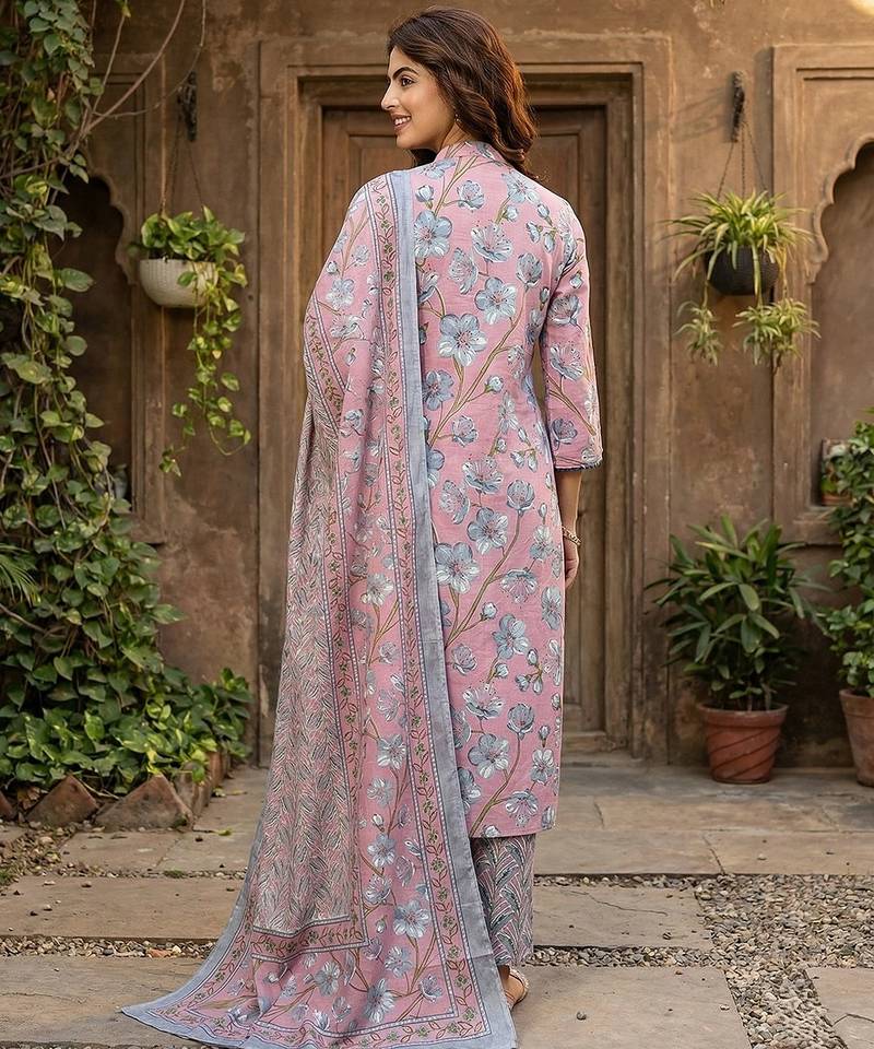 Anouk mauve  and grey pure cotton straight regular kurta set