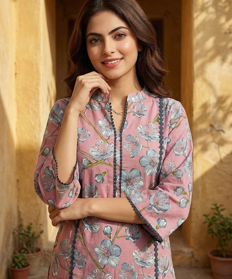 Anouk mauve  and grey pure cotton straight regular kurta set