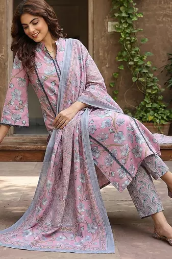mauve  and grey pure cotton straight regular kurta set