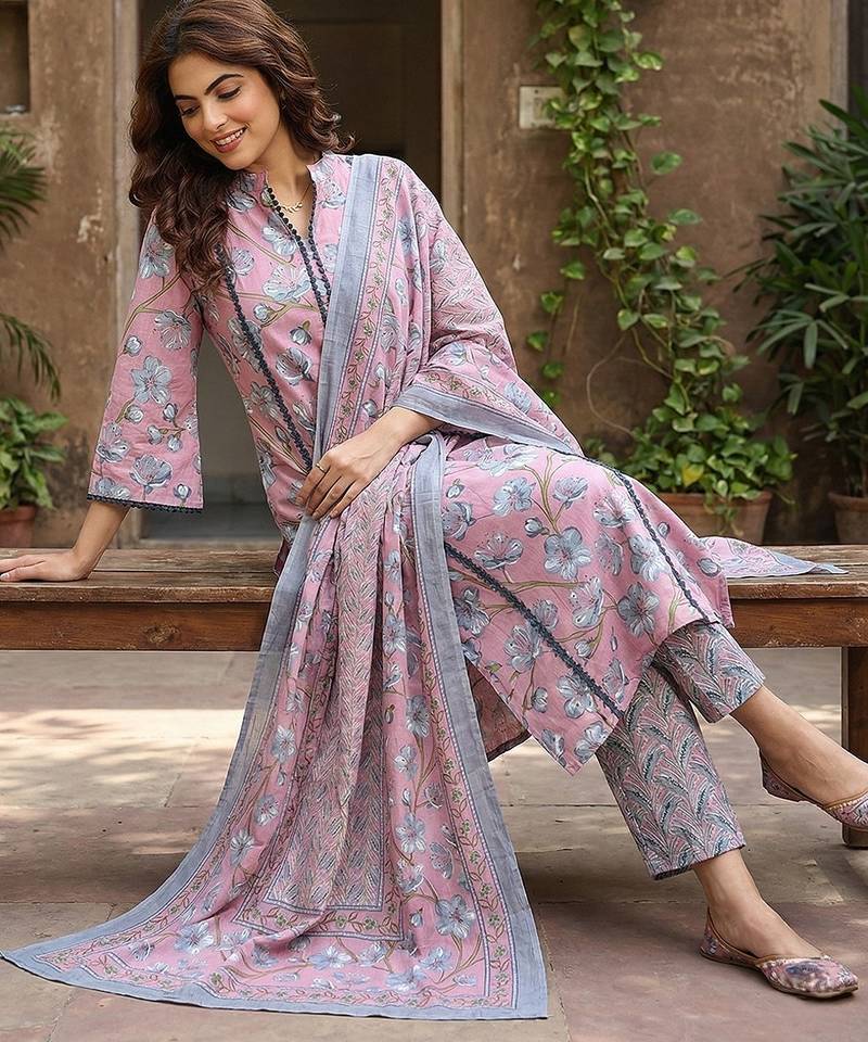 Anouk mauve  and grey pure cotton straight regular kurta set