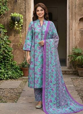 turquesa and purple pure cotton straight regular kurta set 1